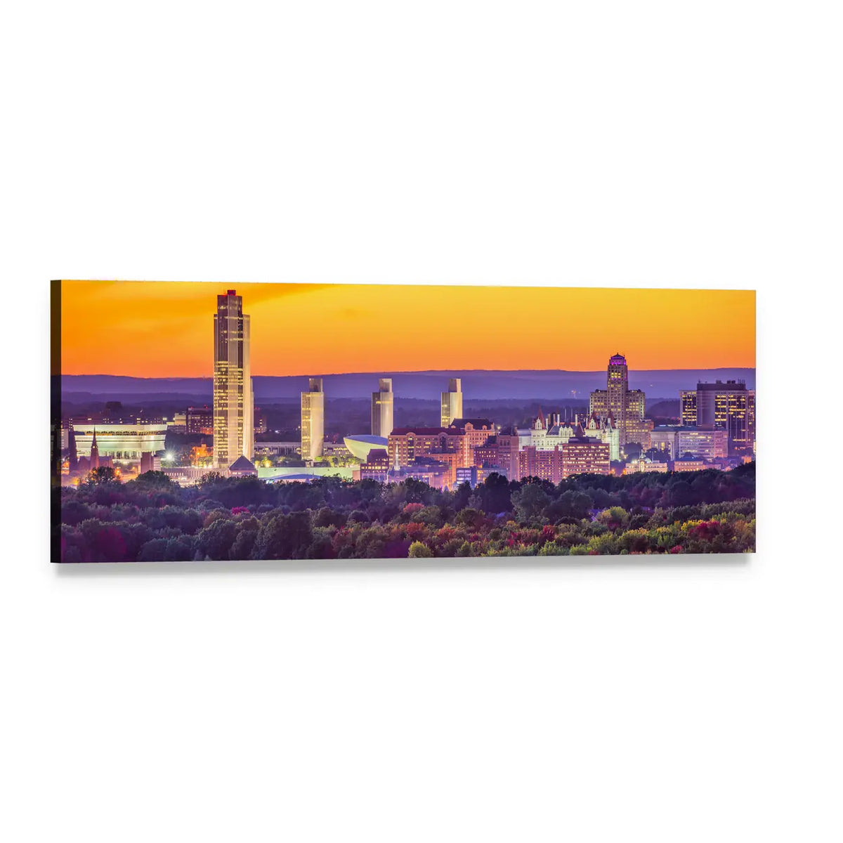 Albany City Skyline at Sunset Panoramic Canvas Wall Art, single panel gallery wrapped canvas, angled product view