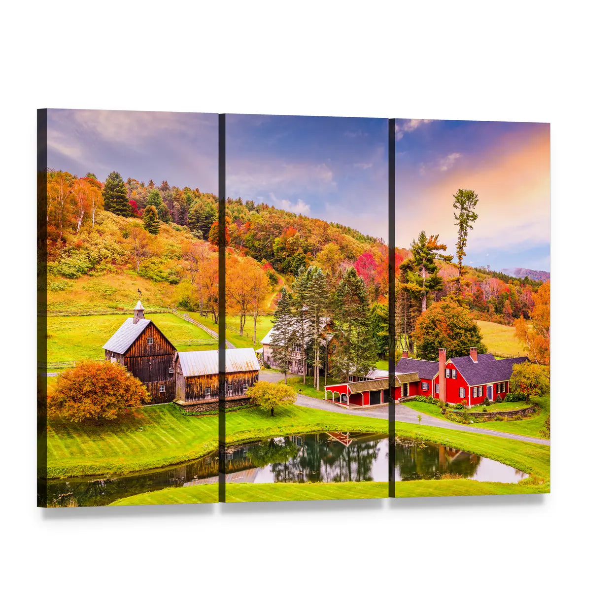Vermont Early Autumn Farmhouse Scene Canvas Wall Art, 3 panel 3 Horizontal layout gallery wrapped canvas set, angled product view