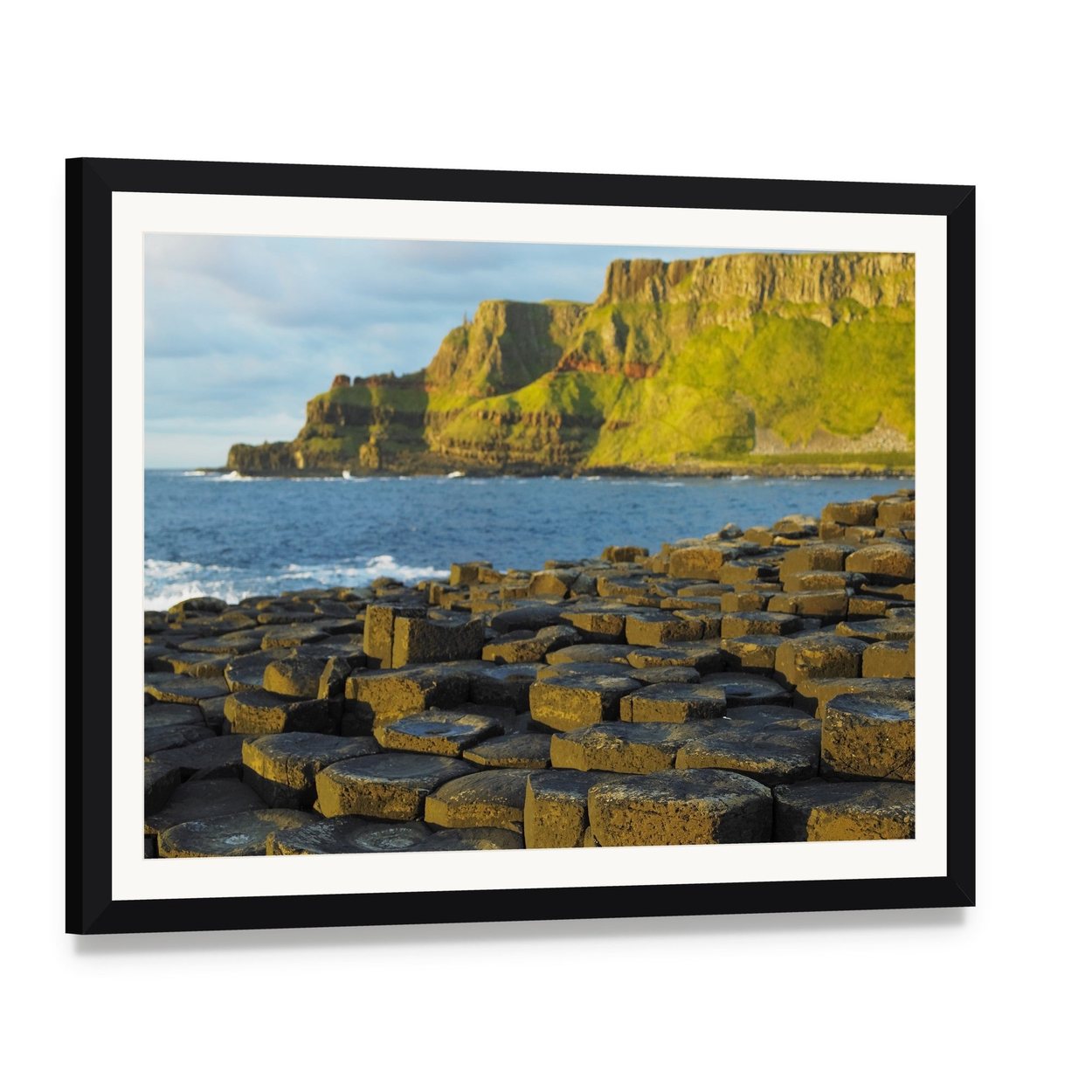 Giant's Causeway, Antrim Canvas Wall Art, framed print with white mat and black frame, angled product view