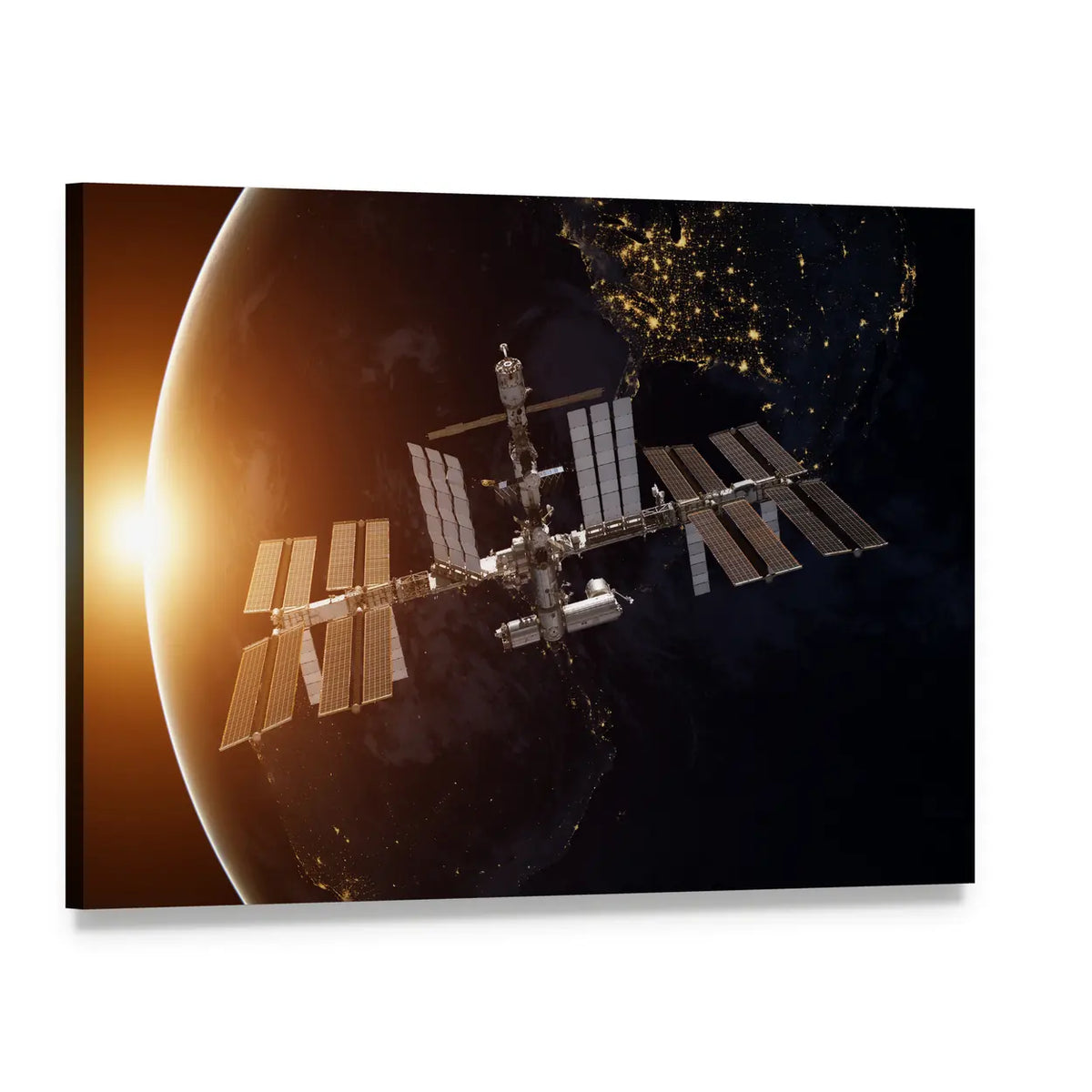 International Space Station Above Earth Canvas Wall Art, single panel gallery wrapped canvas, angled product view
