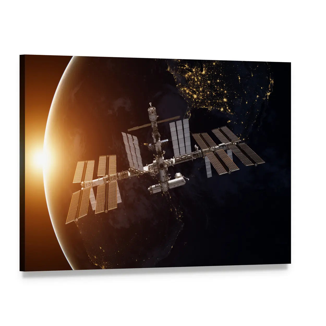 International Space Station Above Earth Canvas Wall Art, single panel gallery wrapped canvas, angled product view