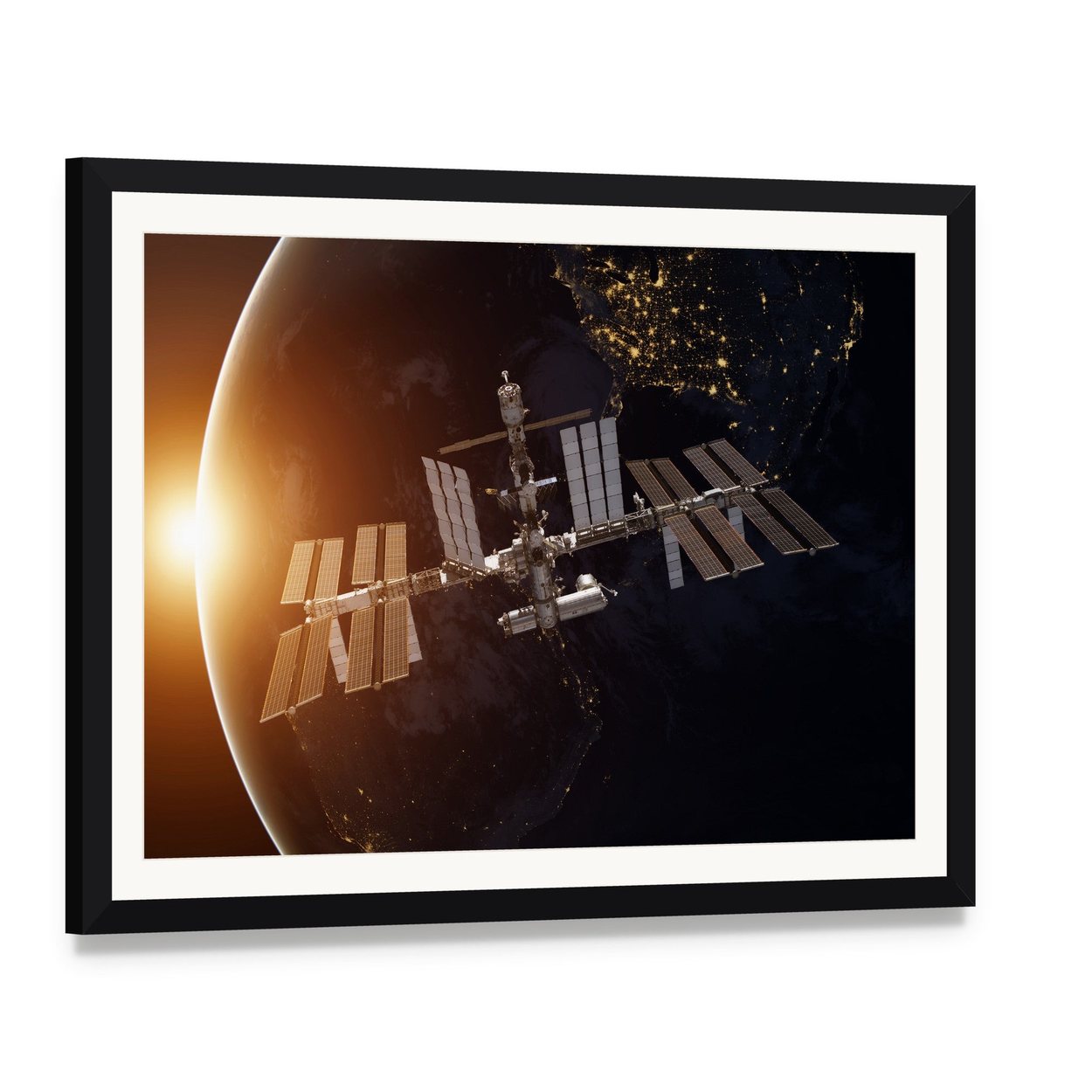 International Space Station Over Planet Earth Canvas Wall Art, framed print with white mat and black frame, angled product view