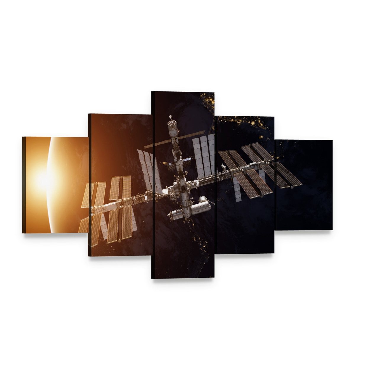 International Space Station Over Planet Earth Canvas Wall Art, 5 panel 5 Star layout gallery wrapped canvas set, angled product view