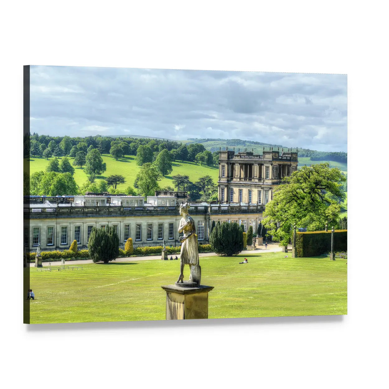 Chatsworth House with Garden Statue Canvas Wall Art, single panel gallery wrapped canvas, angled product view