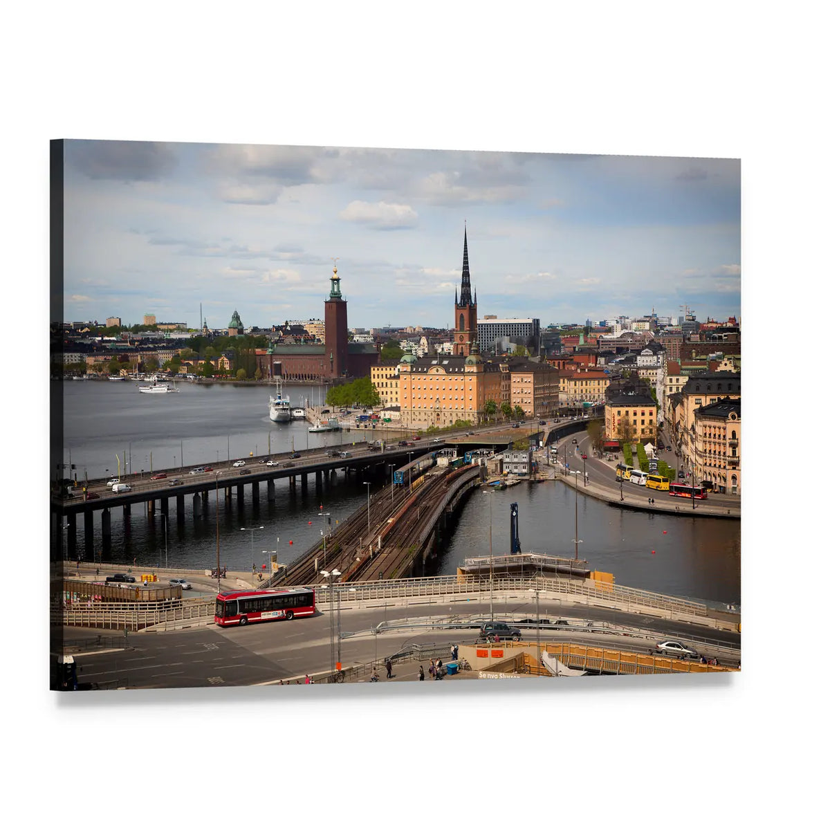 Stockholm City Skyline with Red Bus Canvas Wall Art, single panel gallery wrapped canvas, angled product view