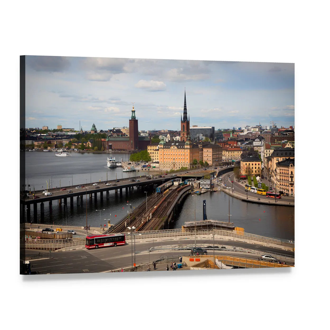 Stockholm Cityscape with Church Spire and Bridges Canvas Wall Art, single panel gallery wrapped canvas, angled product view