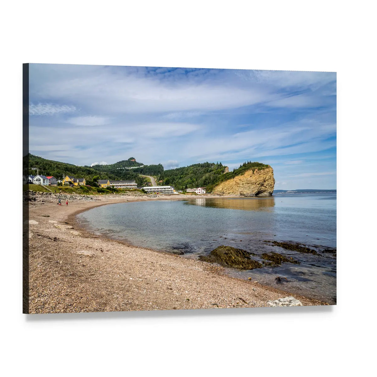 Perce Village Coastal Cliffs and Pebble Beach Canvas Wall Art, single panel gallery wrapped canvas, angled product view