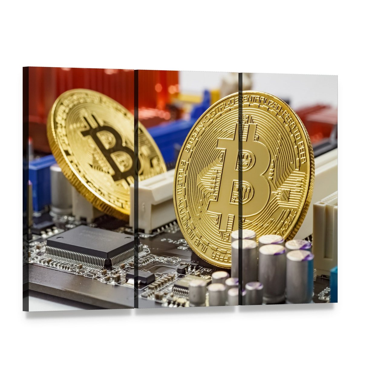 Golden Bitcoins on Motherboard Canvas Wall Art, 3 panel 3 Horizontal layout gallery wrapped canvas set, angled product view