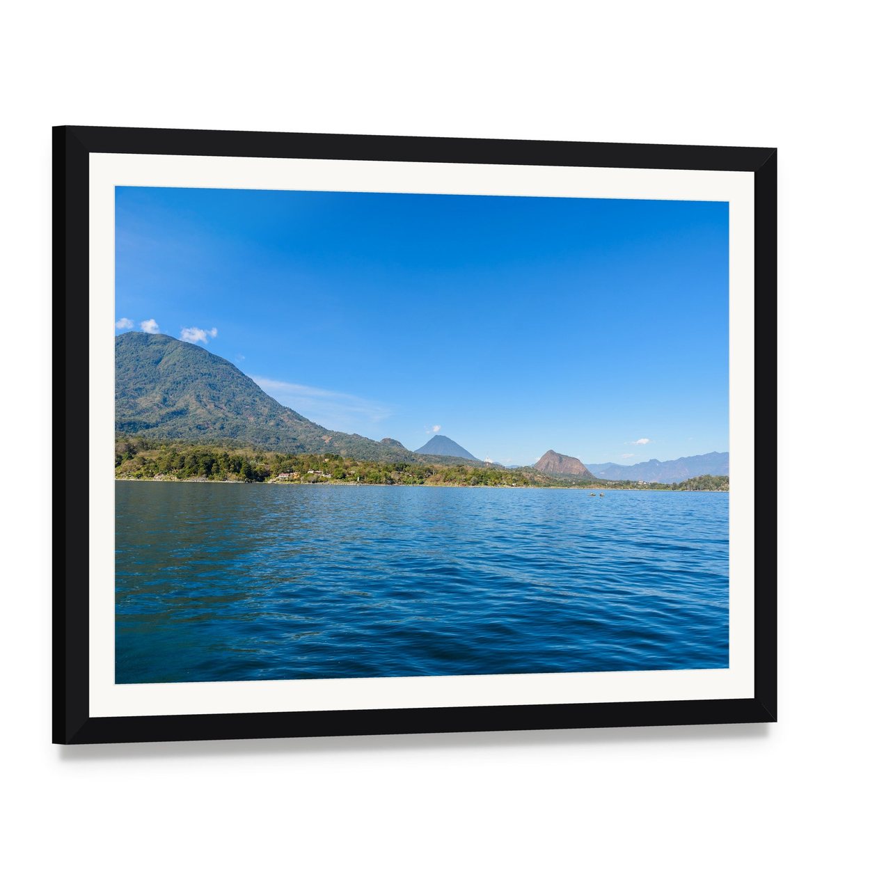 Shore of San Lucas Toliman, Lake Atitlan Canvas Wall Art, framed print with white mat and black frame, angled product view