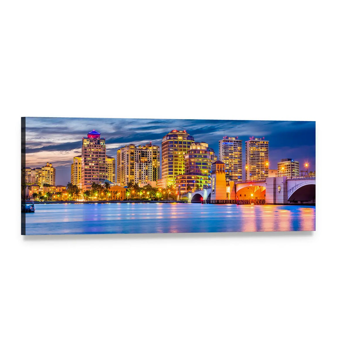 Downtown Skyline at Twilight Panoramic Canvas Wall Art, single panel gallery wrapped canvas, angled product view