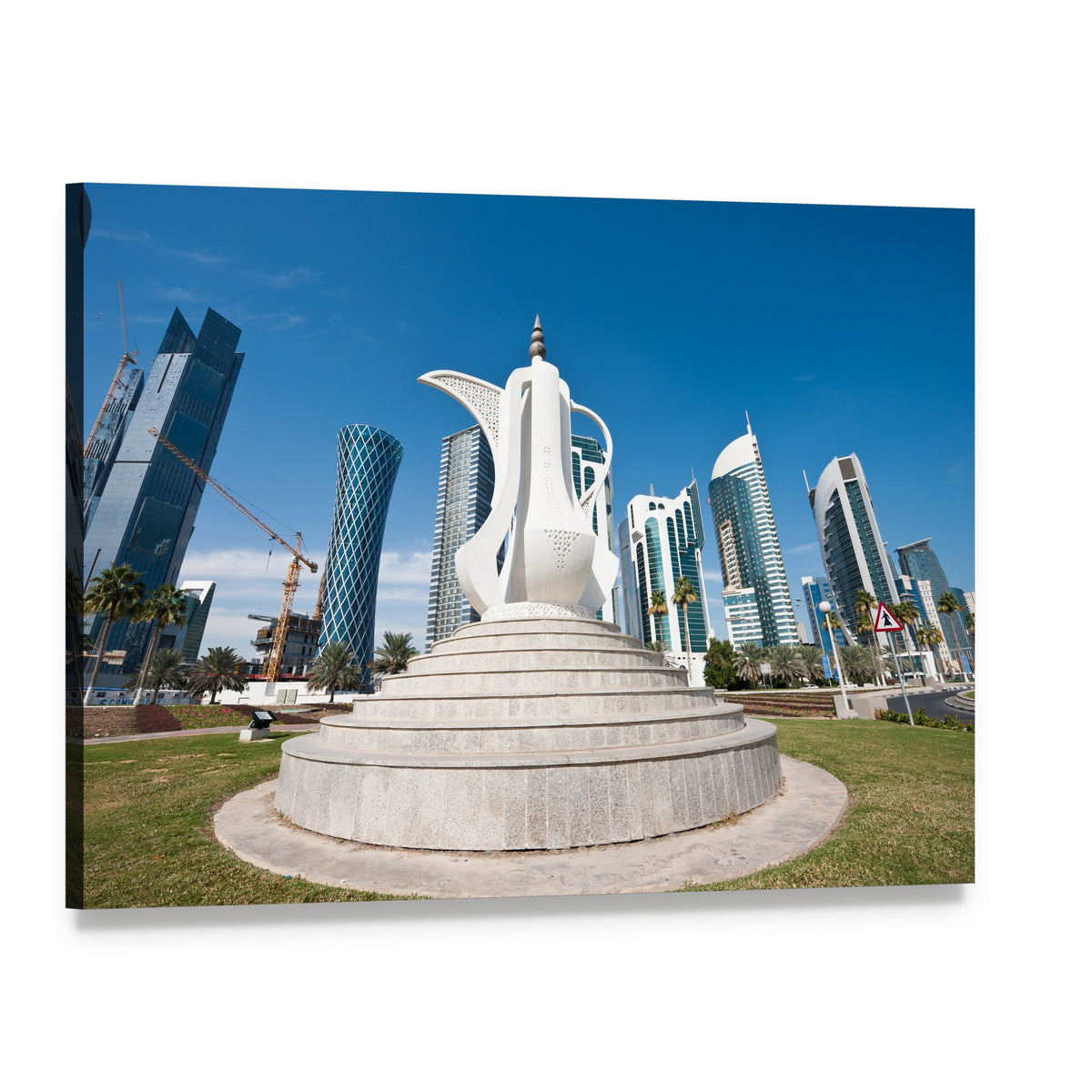 Dallah Sculpture Against Modern Skyline Canvas Wall Art, single panel gallery wrapped canvas, angled product view