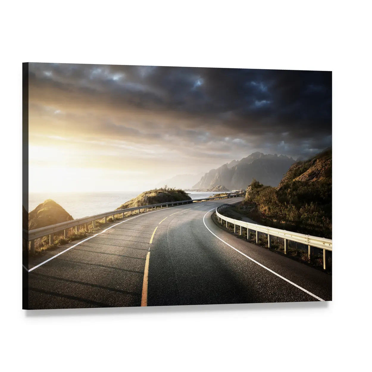 Winding Coastal Road in Lofoten Canvas Wall Art, single panel gallery wrapped canvas, angled product view
