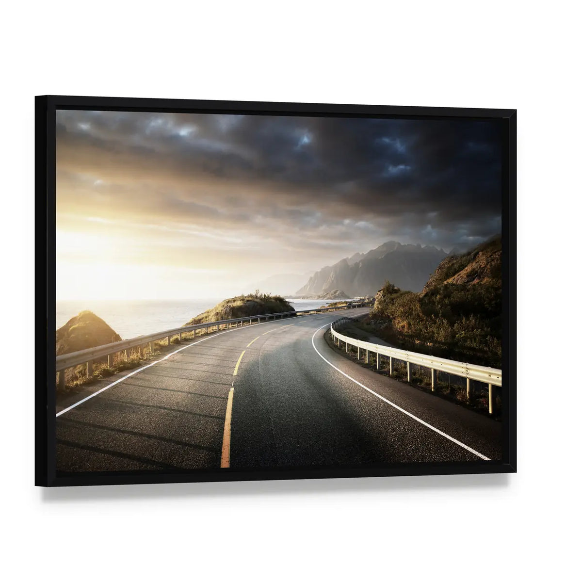 Winding Coastal Road in Lofoten Canvas Wall Art, framed canvas in a black floater frame, angled product view