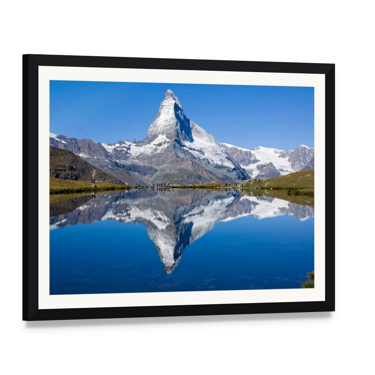 Matterhorn Mountain Reflection Canvas Wall Art, framed print with white mat and black frame, angled product view