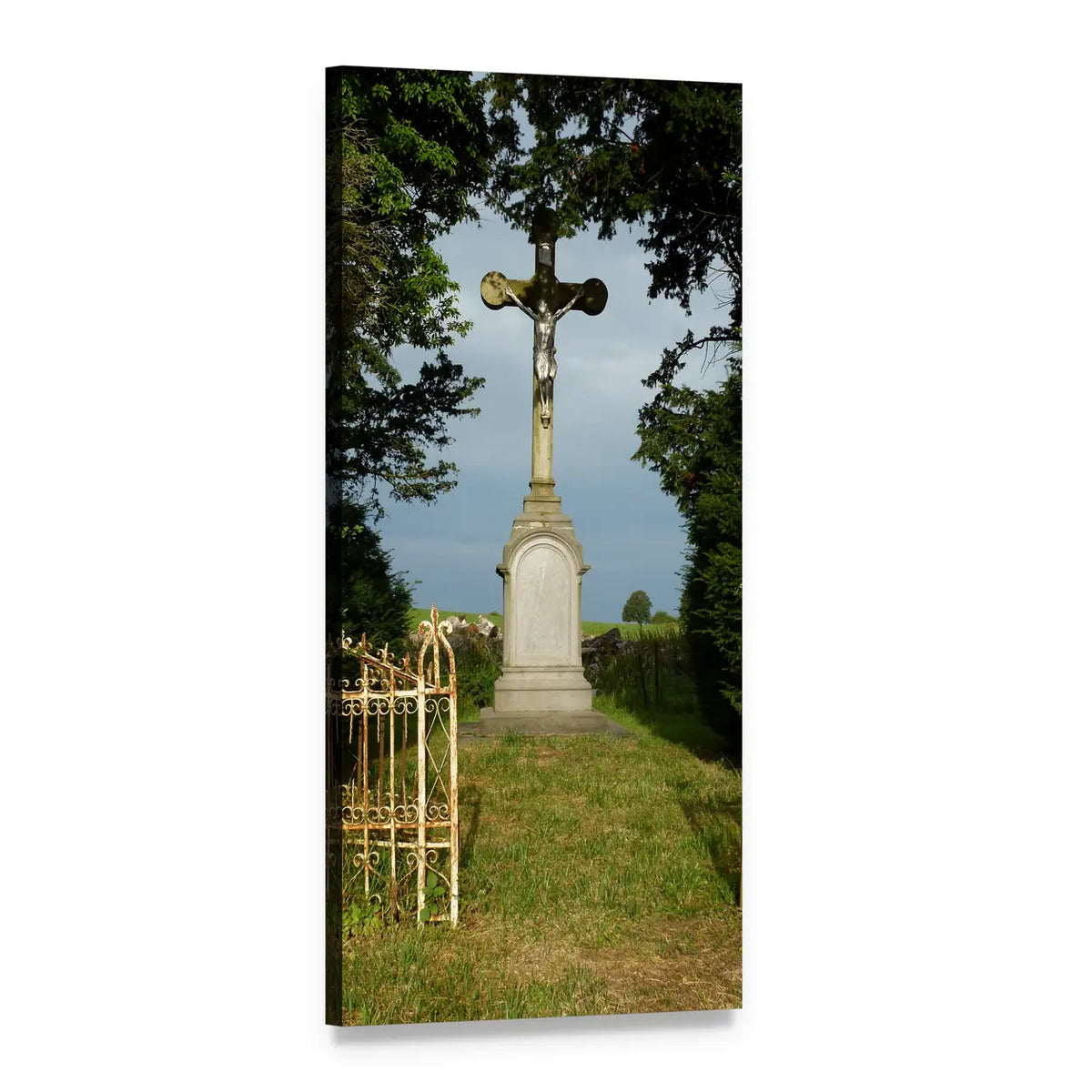 Stone Crucifix Beside White Wrought Iron Gate Vertical Canvas Wall Art, 1 panel 1 Vertical layout gallery wrapped canvas set, angled product view
