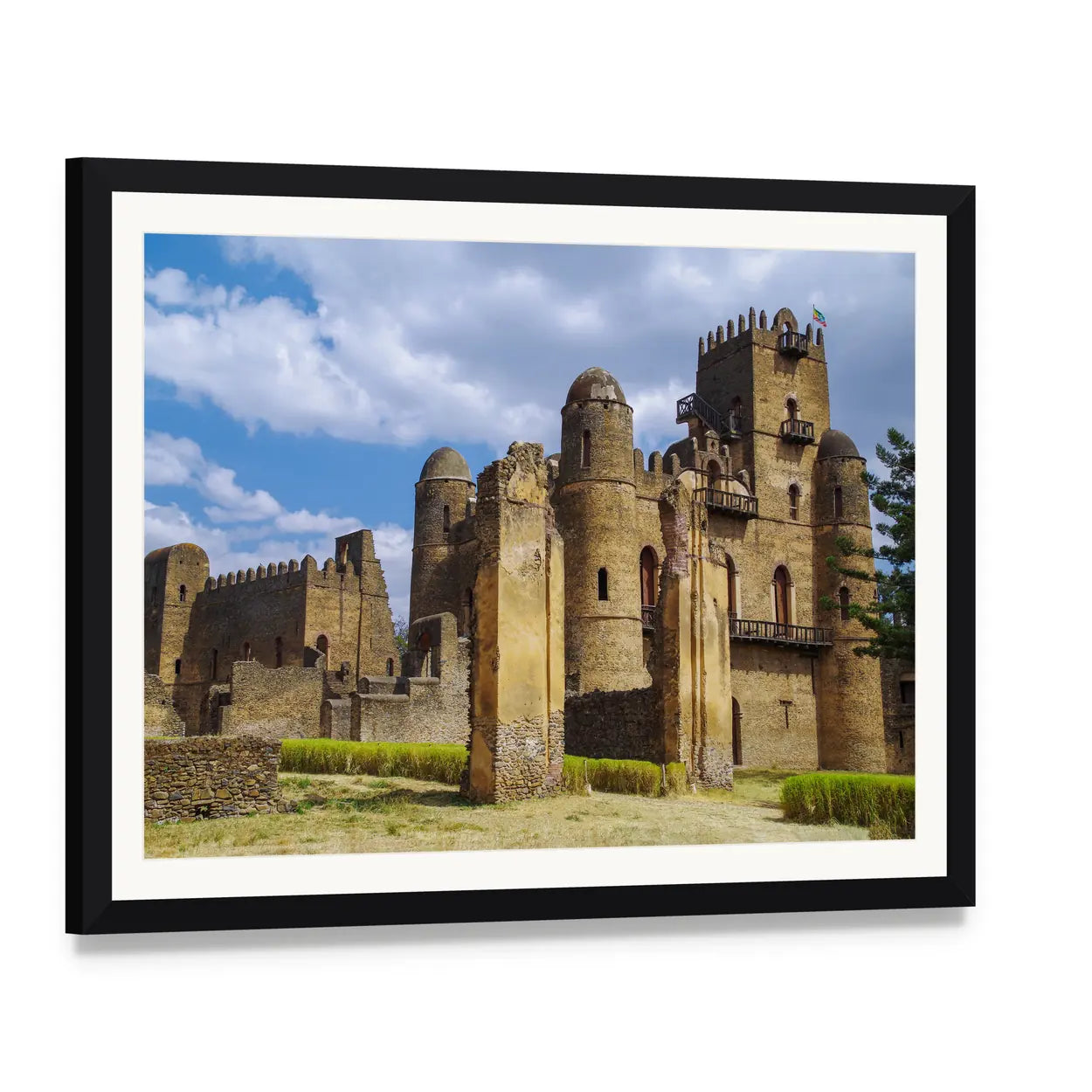 Fasilides Castle, Ethiopia Canvas Wall Art, framed print with white mat and black frame, angled product view