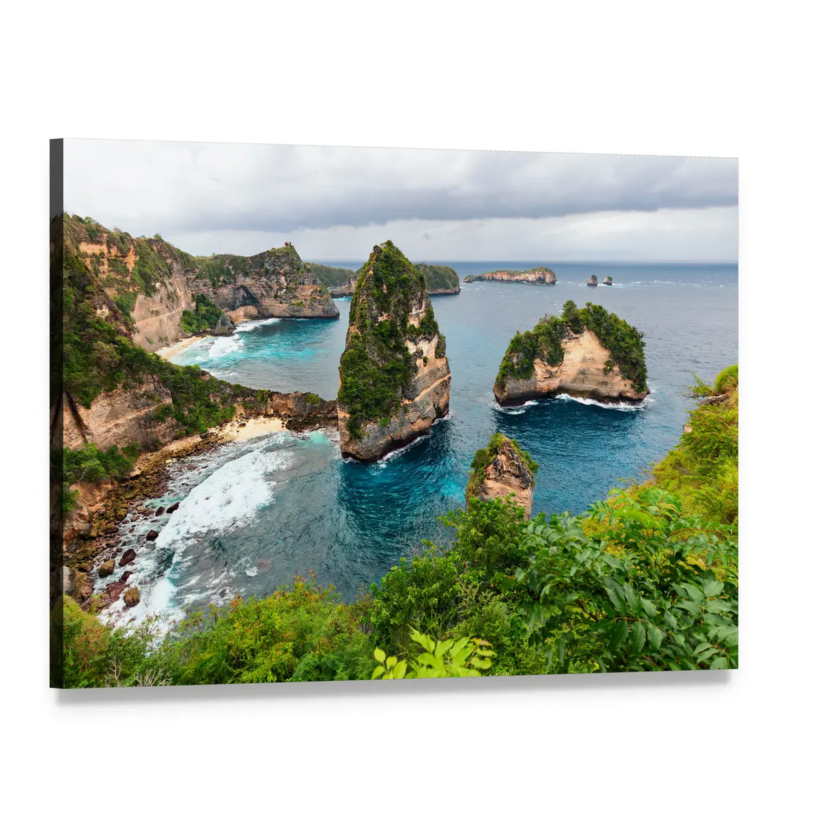Atun Beach Cliffs and Turquoise Sea Canvas Wall Art, single panel gallery wrapped canvas, angled product view