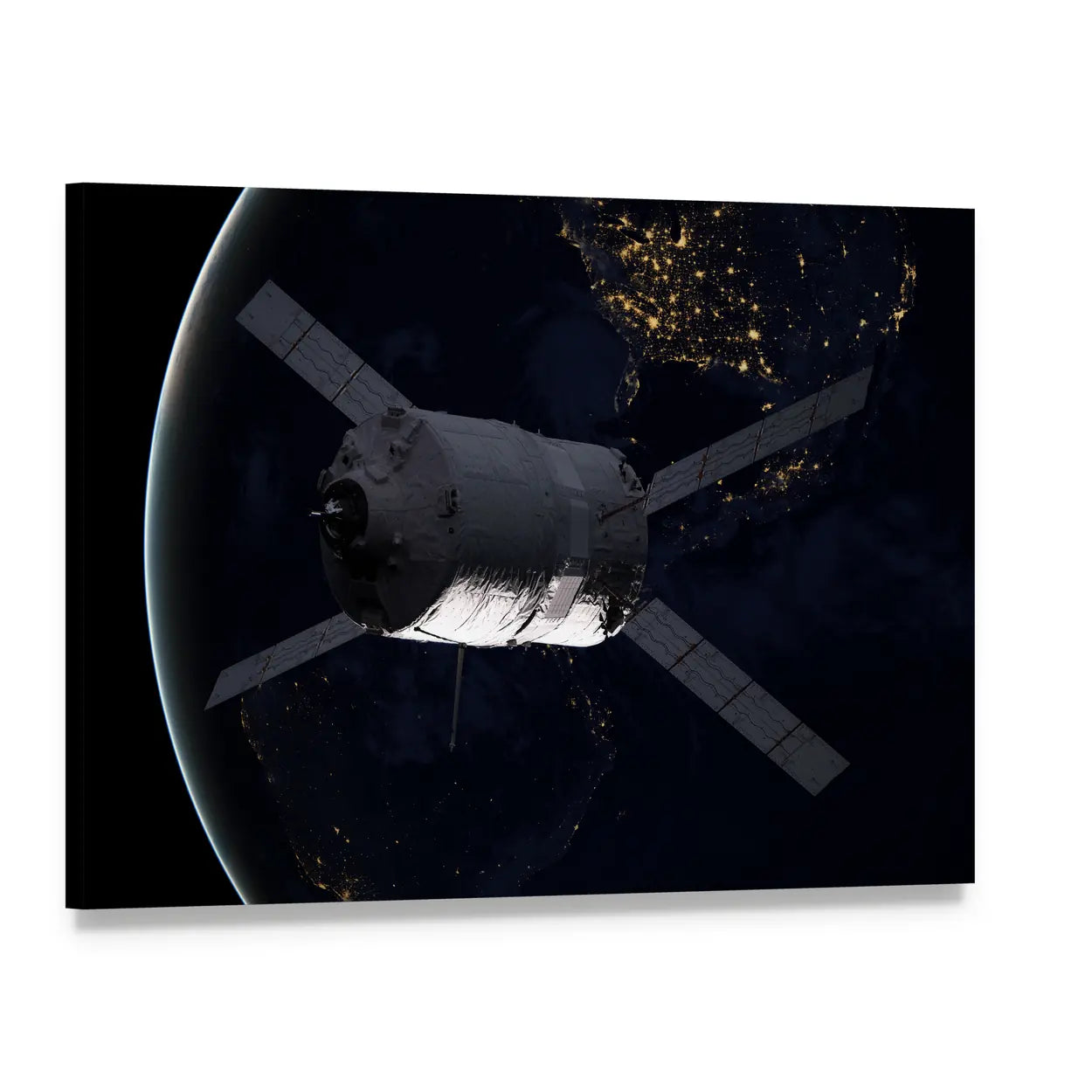Spacecraft Above Curved Earth Canvas Wall Art, single panel gallery wrapped canvas, angled product view