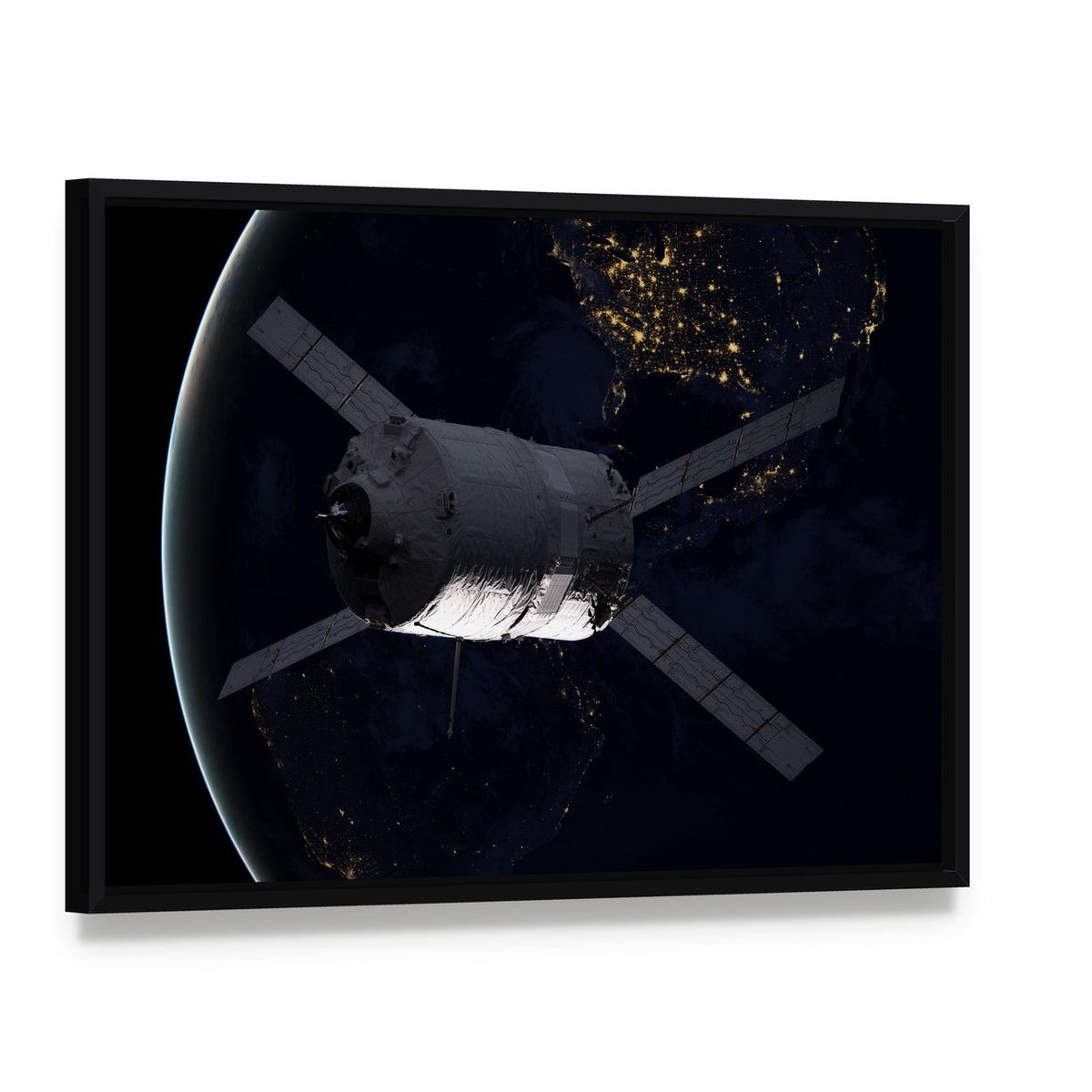 Spacecraft Over Earth at Night Canvas Wall Art, framed canvas in a black floater frame, angled product view