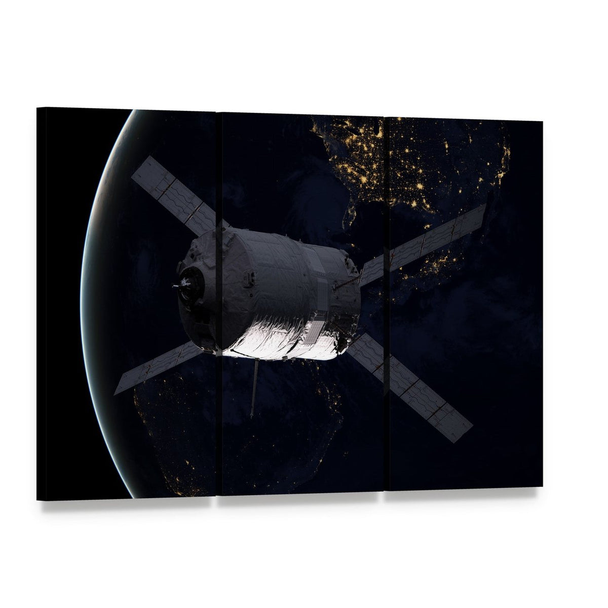 Spacecraft Over Earth at Night Canvas Wall Art, 3 panel 3 Horizontal layout gallery wrapped canvas set, angled product view