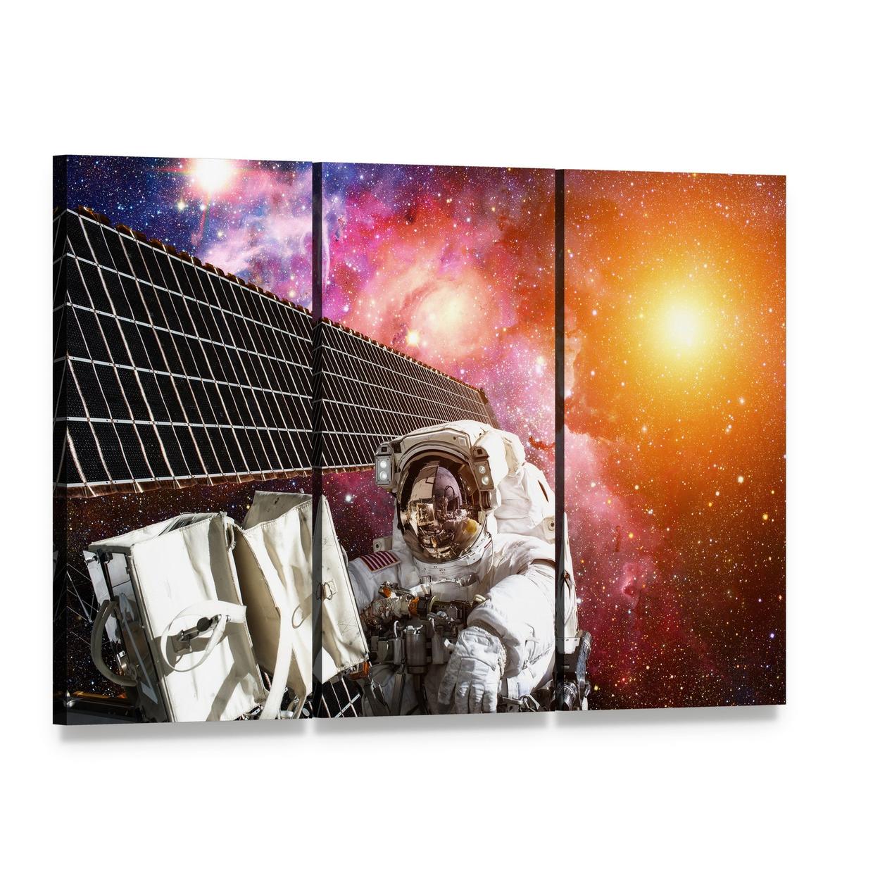 Space Station and Astronaut in Outer Space Canvas Wall Art, 3 panel 3 Horizontal layout gallery wrapped canvas set, angled product view