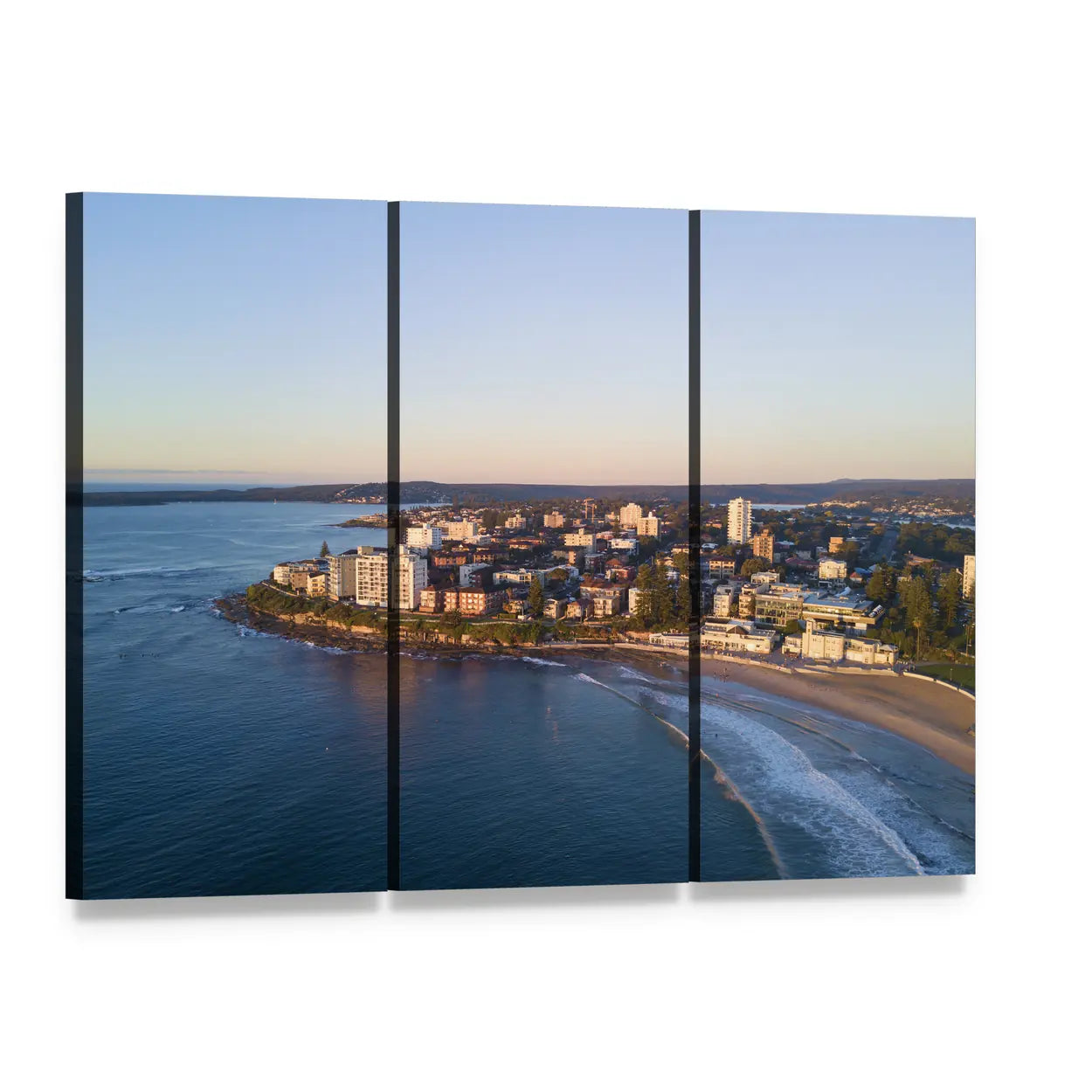 Cronulla Beach Aerial View Canvas Wall Art, 3 panel 3 Horizontal layout gallery wrapped canvas set, angled product view