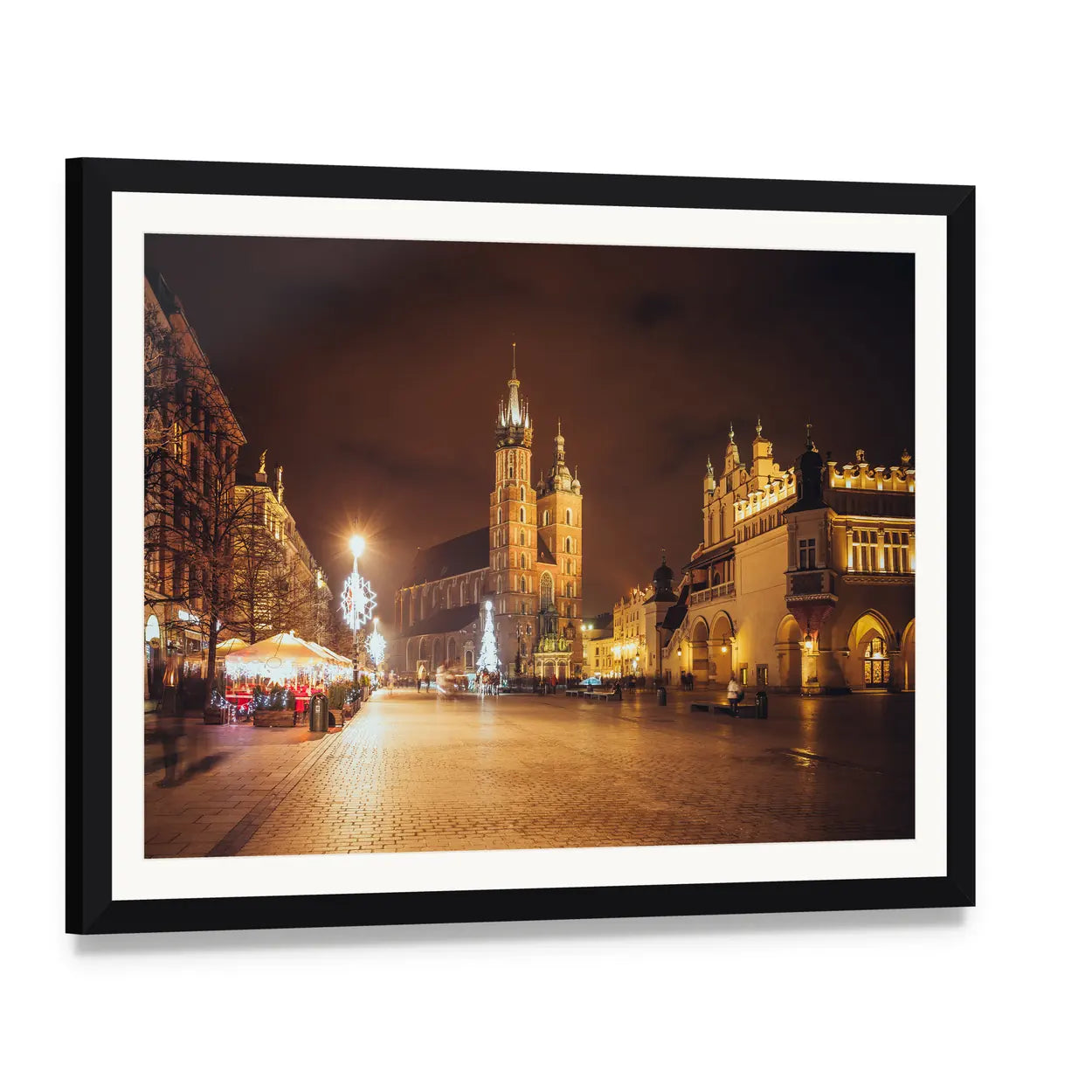 Main Market Square and St Mary's Basilica Canvas Wall Art, framed print with white mat and black frame, angled product view