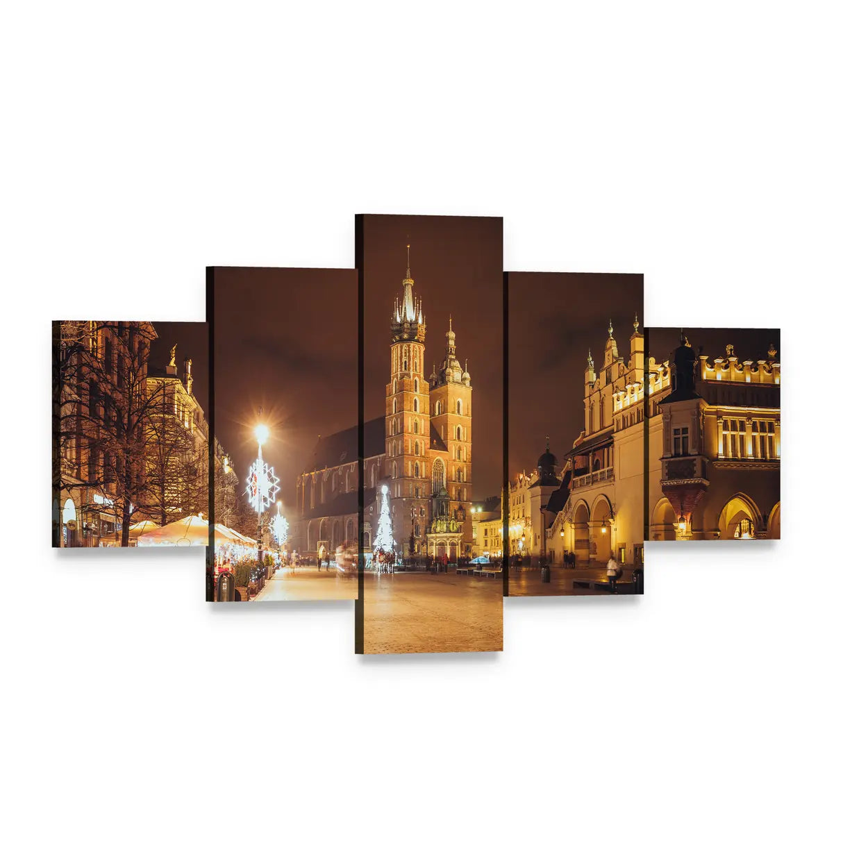 Main Market Square and St Mary's Basilica Canvas Wall Art, 5 panel 5 Star layout gallery wrapped canvas set, angled product view