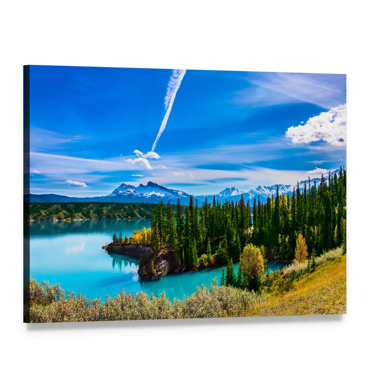 Turquoise Abraham Lake Landscape Canvas Wall Art, single panel gallery wrapped canvas, angled product view