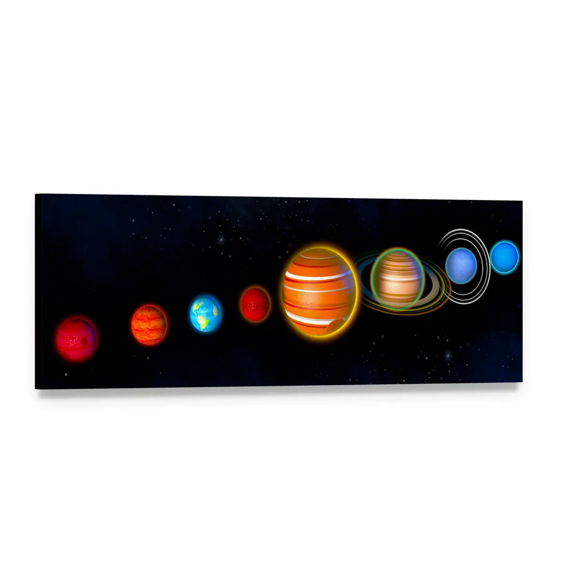 Stylized Solar System Planets Panoramic Canvas Wall Art, single panel gallery wrapped canvas, angled product view