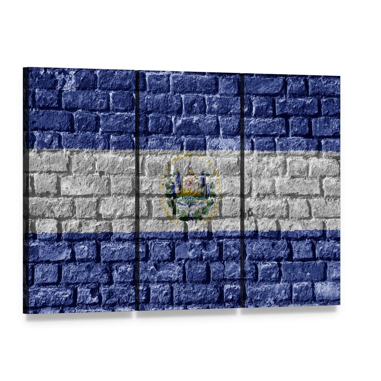 El Salvador Flag with Brick Texture Canvas Wall Art, 3 panel 3 Horizontal layout gallery wrapped canvas set, angled product view
