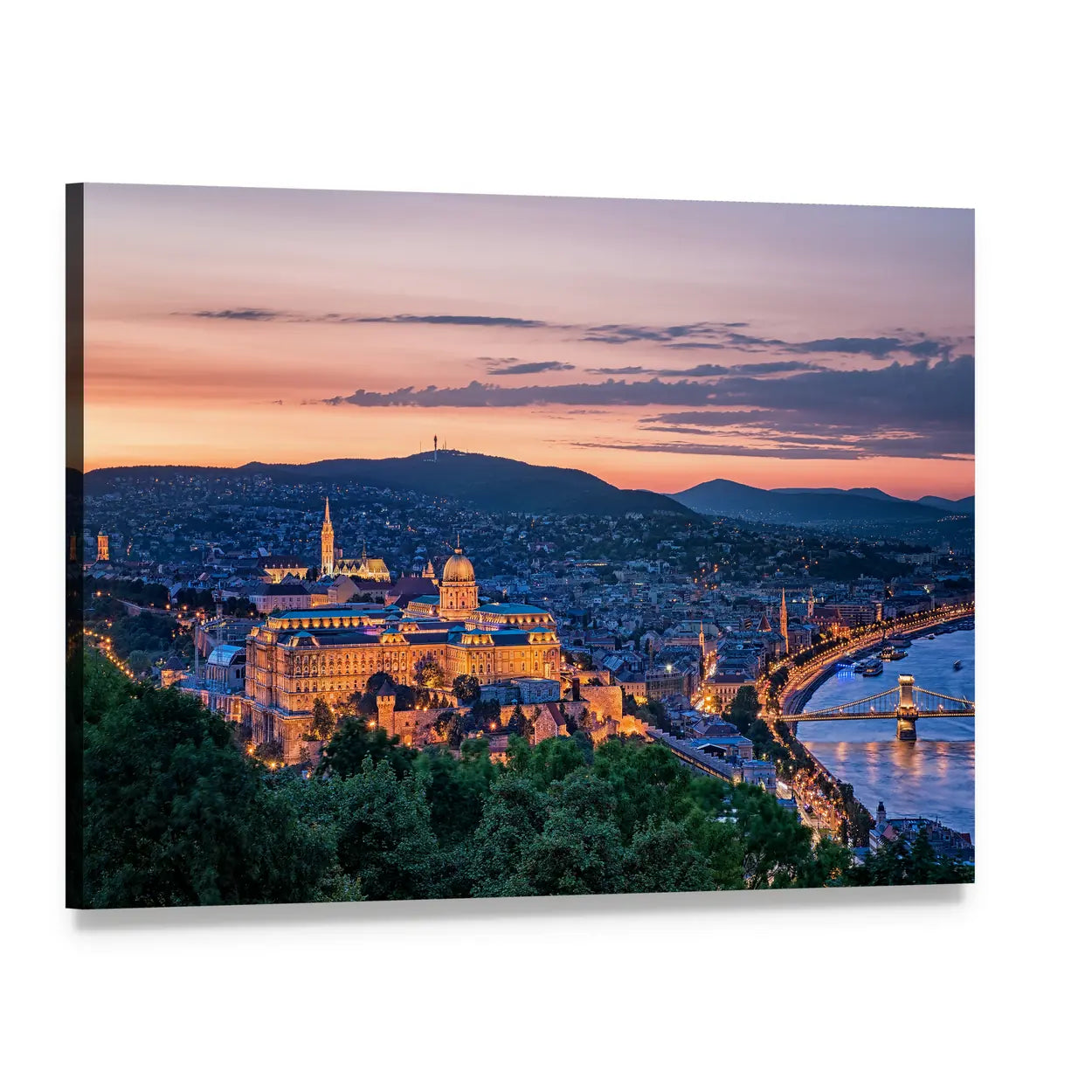 Sunset Over Budapest Canvas Wall Art, single panel gallery wrapped canvas, angled product view