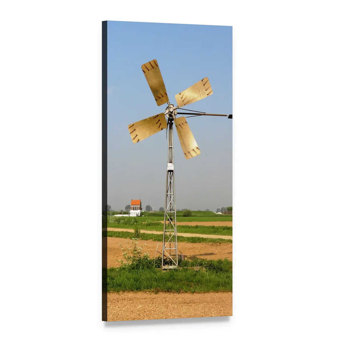 Dutch Windmill Over Patchwork Fields Vertical Canvas Wall Art, 1 panel 1 Vertical layout gallery wrapped canvas set, angled product view