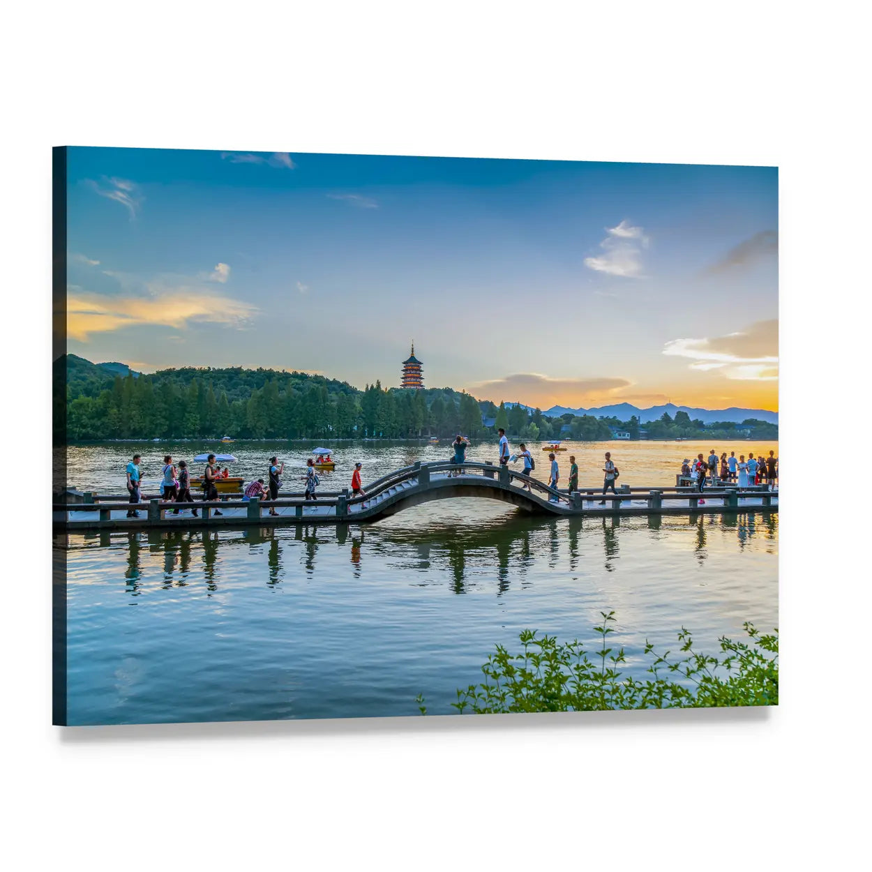 Pagoda and Arched Bridge at Sunset Canvas Wall Art, single panel gallery wrapped canvas, angled product view