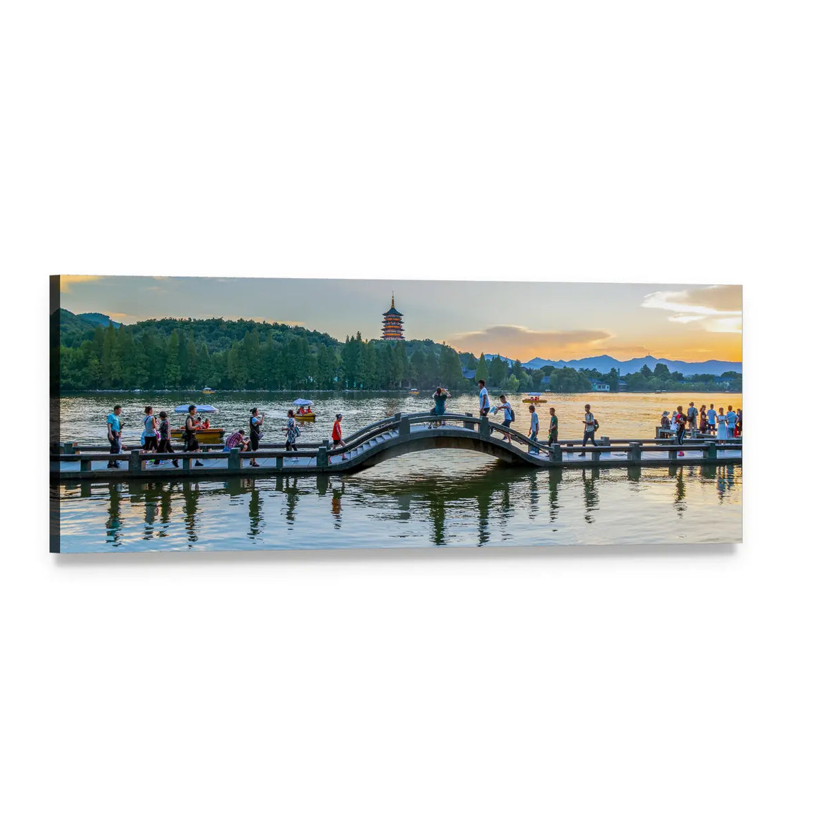 Pagoda and Arched Bridge at Sunset Panoramic Canvas Wall Art, single panel gallery wrapped canvas, angled product view