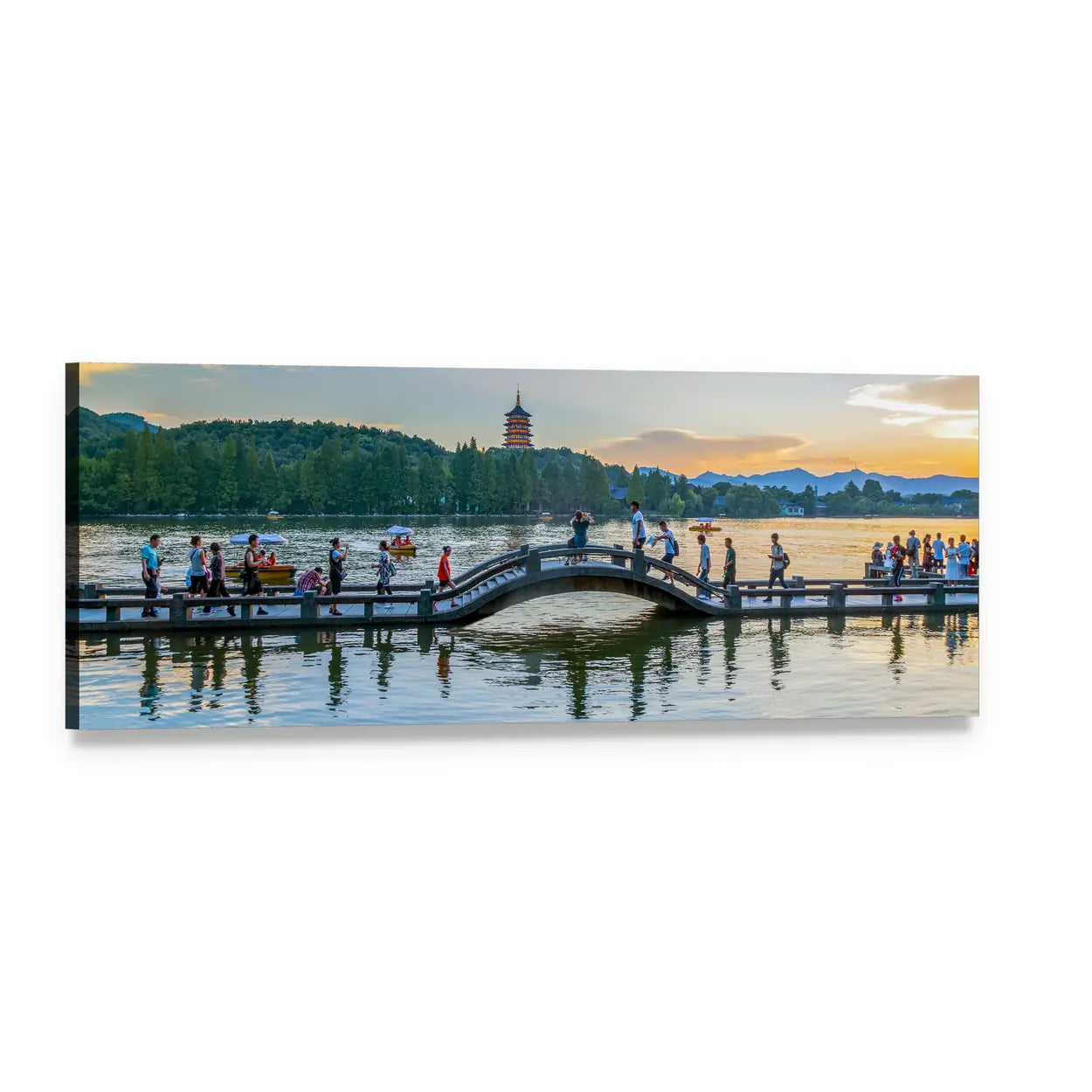 Pagoda and Arched Bridge at Sunset Panoramic Canvas Wall Art, single panel gallery wrapped canvas, angled product view