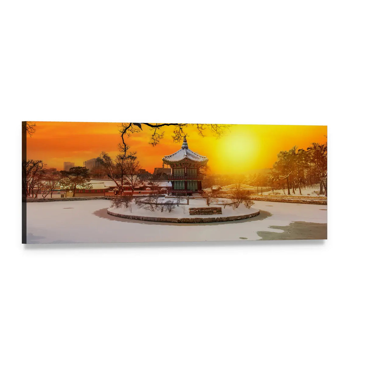 Snow-covered East Asian Pavilion at Sunrise Panoramic Canvas Wall Art, single panel gallery wrapped canvas, angled product view