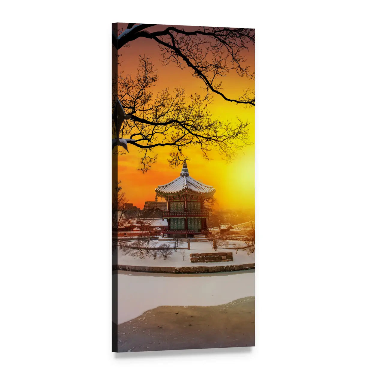 Winter at Gyeongbokgung Palace Vertical Canvas Wall Art, 1 panel 1 Vertical layout gallery wrapped canvas set, angled product view