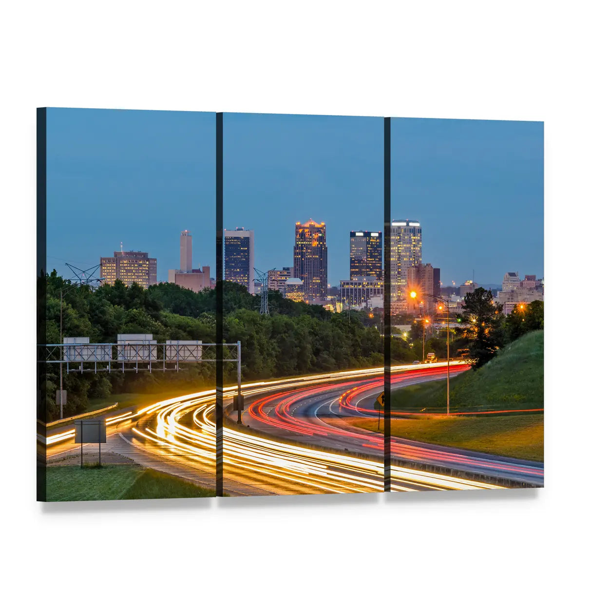 Birmingham Downtown Skyline with Light Trails Canvas Wall Art, 3 panel 3 Horizontal layout gallery wrapped canvas set, angled product view