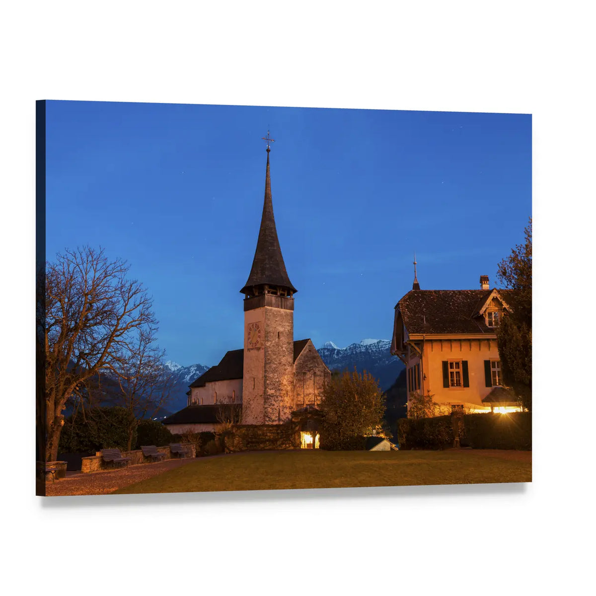 Mountain Church at Night Canvas Wall Art, single panel gallery wrapped canvas, angled product view