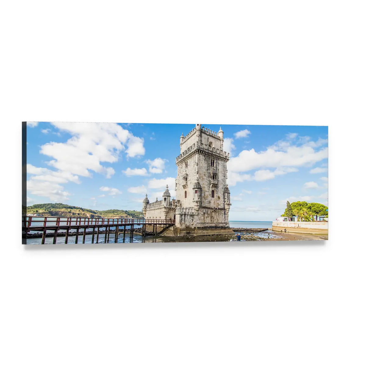Belém Tower with Wooden Walkway Panoramic Canvas Wall Art, single panel gallery wrapped canvas, angled product view