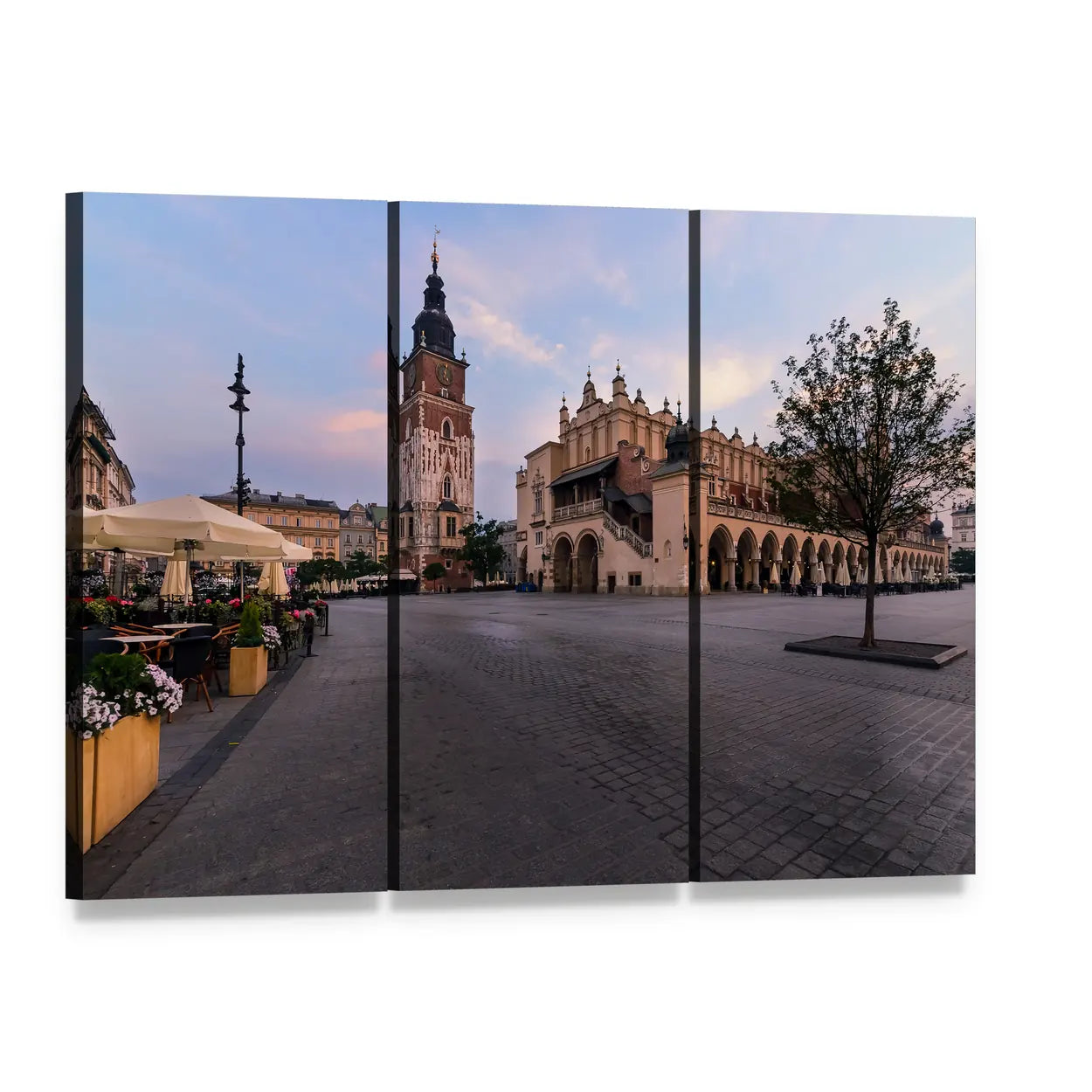 Krakow Main Square Canvas Wall Art, 3 panel 3 Horizontal layout gallery wrapped canvas set, angled product view