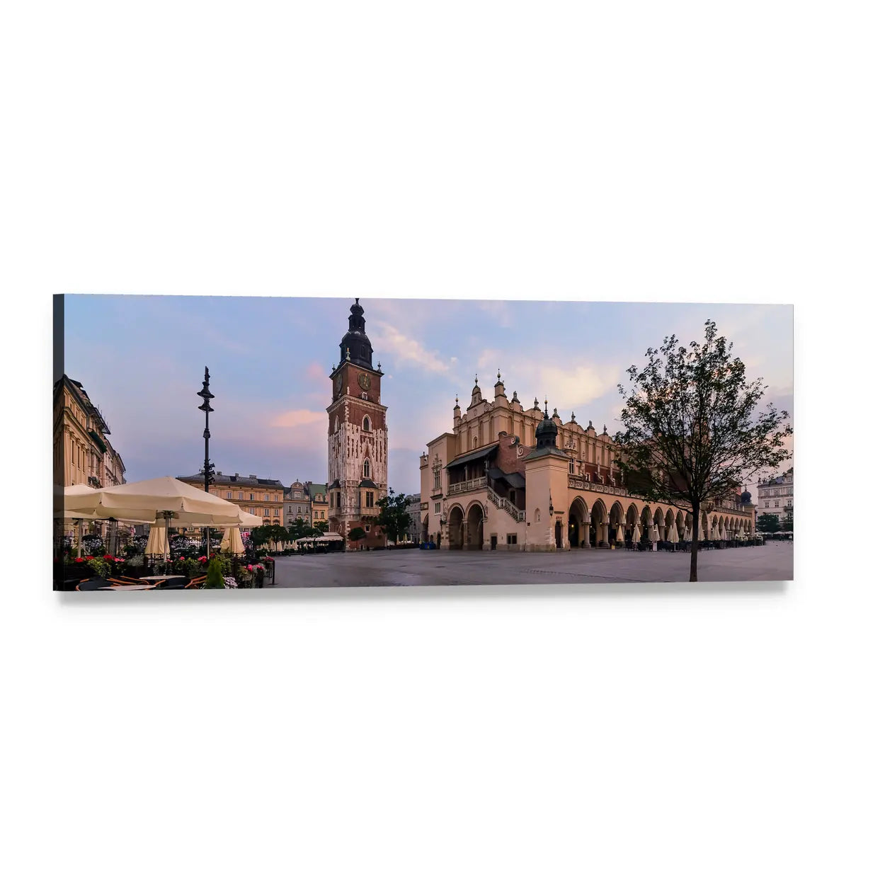 Krakow Main Square at Sunset Panoramic Canvas Wall Art, single panel gallery wrapped canvas, angled product view
