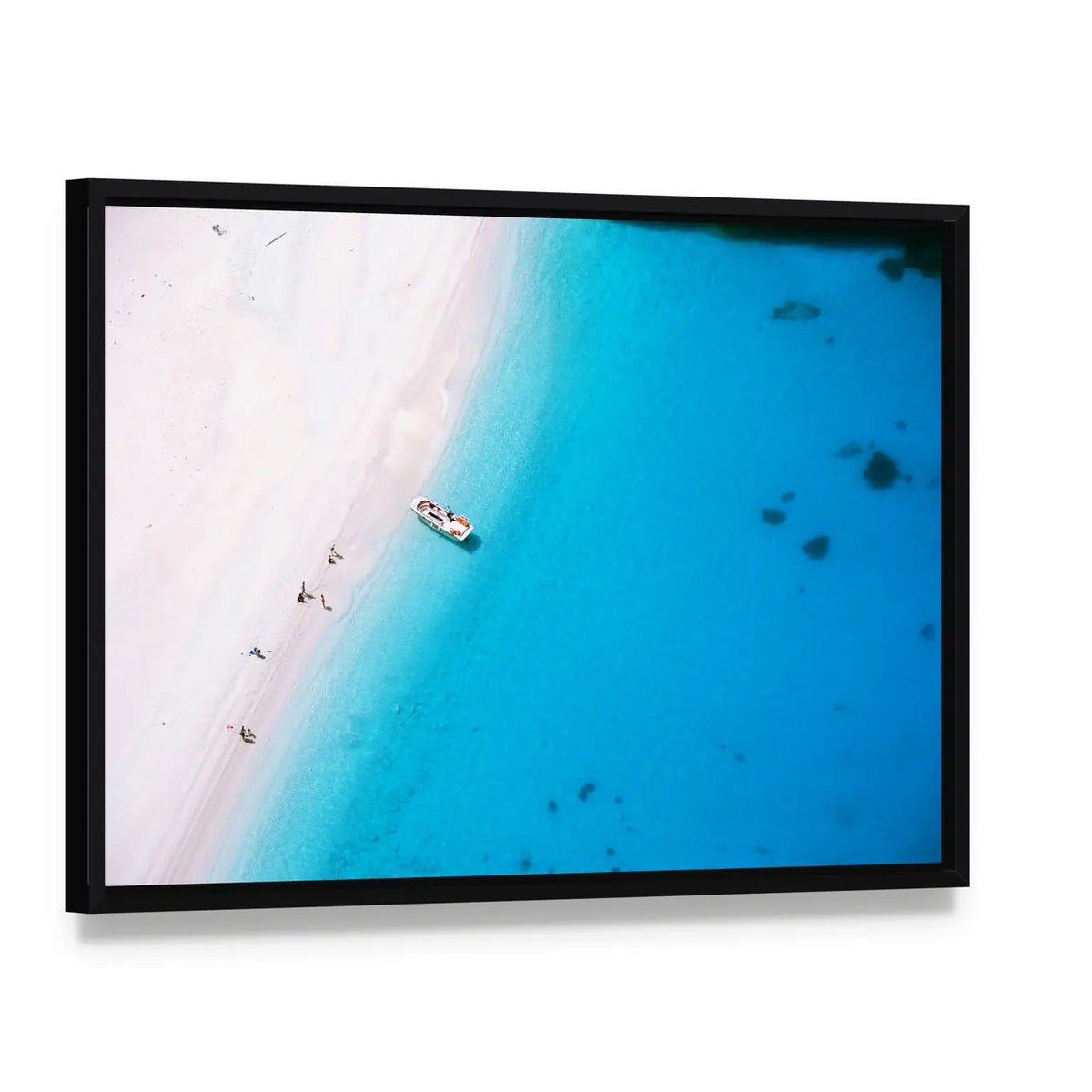 Aerial Beach on Zakynthos Island Canvas Wall Art, framed canvas in a black floater frame, angled product view