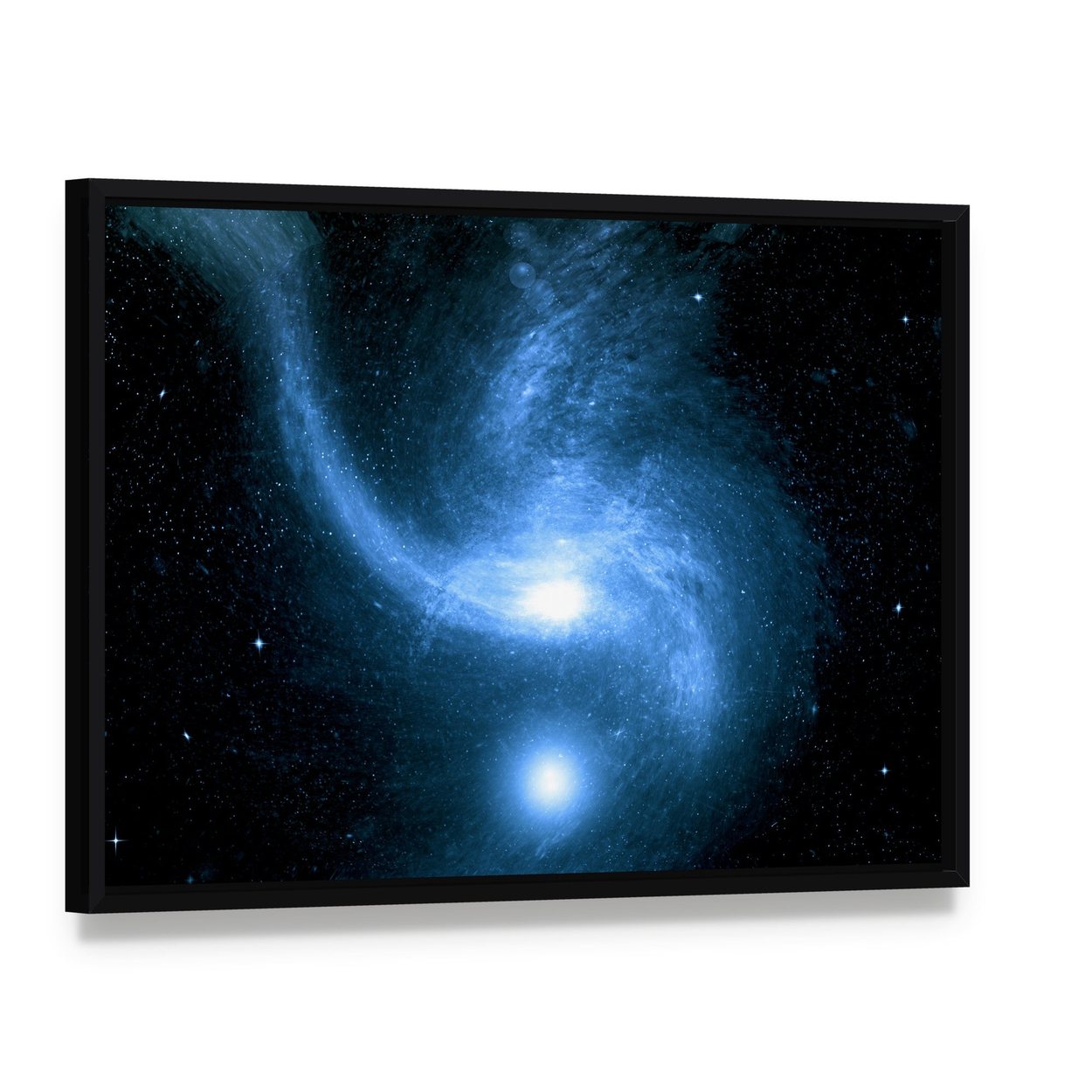 Stars of a Planet and Galaxy in Space Canvas Wall Art, framed canvas in a black floater frame, angled product view