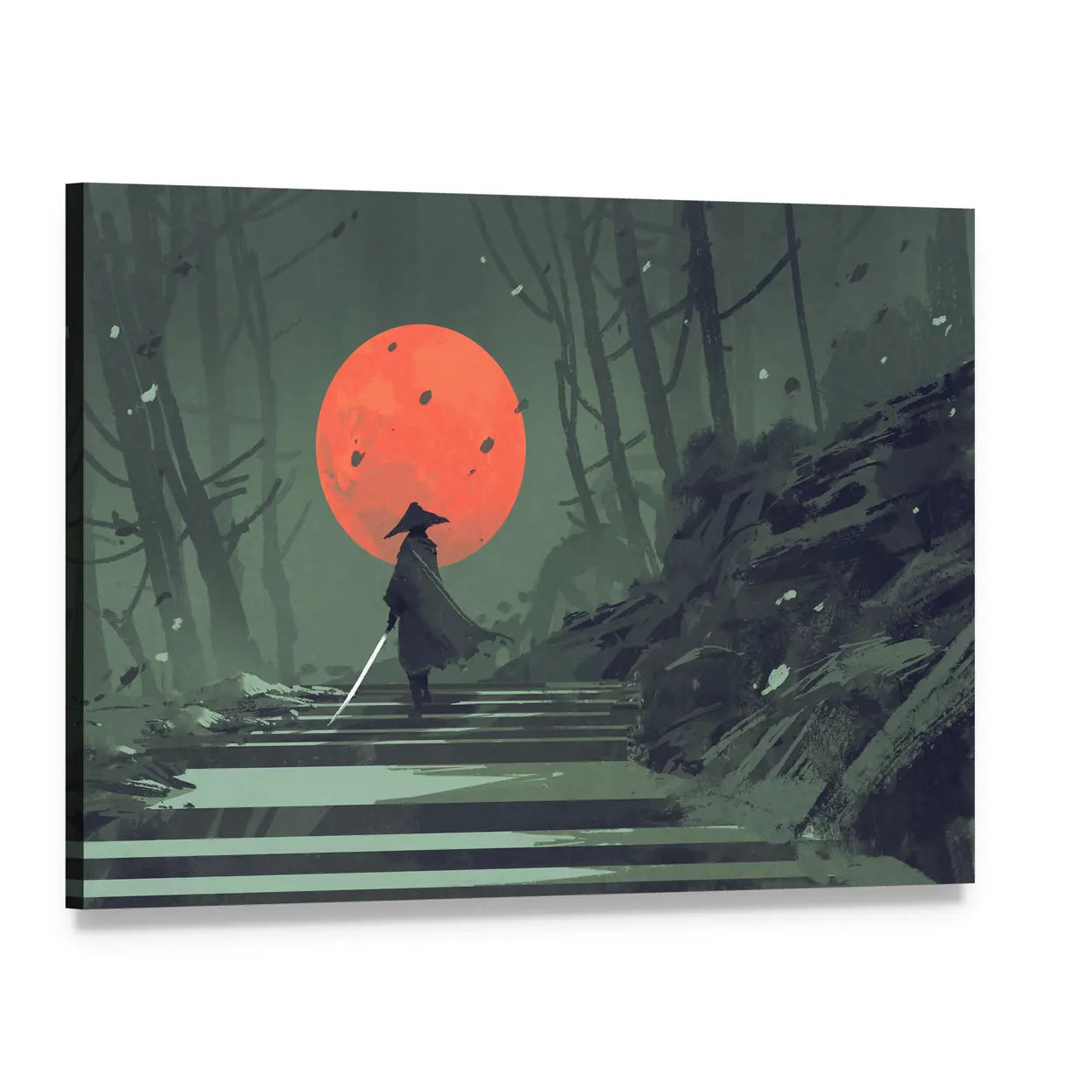 Samurai Standing On Stairway In Night Forest Under Red Moon Canvas Wall Art, single panel gallery wrapped canvas, angled product view