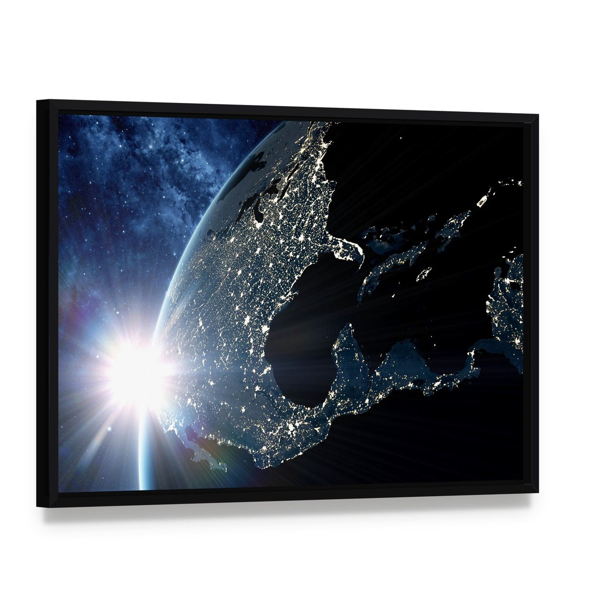 Earth at Night from Space Canvas Wall Art, framed canvas in a black floater frame, angled product view