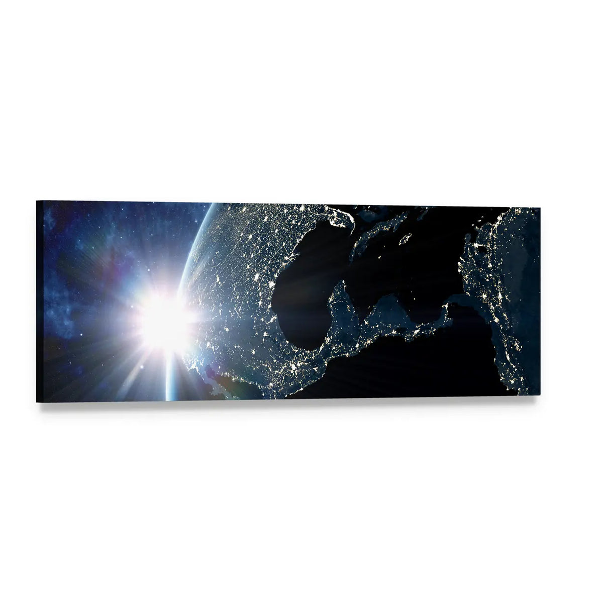 North and South America Night Lights Panoramic Canvas Wall Art, single panel gallery wrapped canvas, angled product view