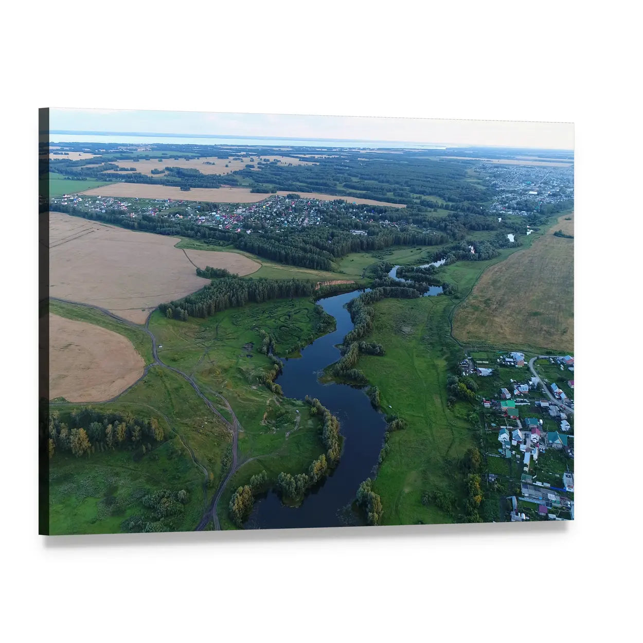Winding River Over Fields and Village Canvas Wall Art, single panel gallery wrapped canvas, angled product view
