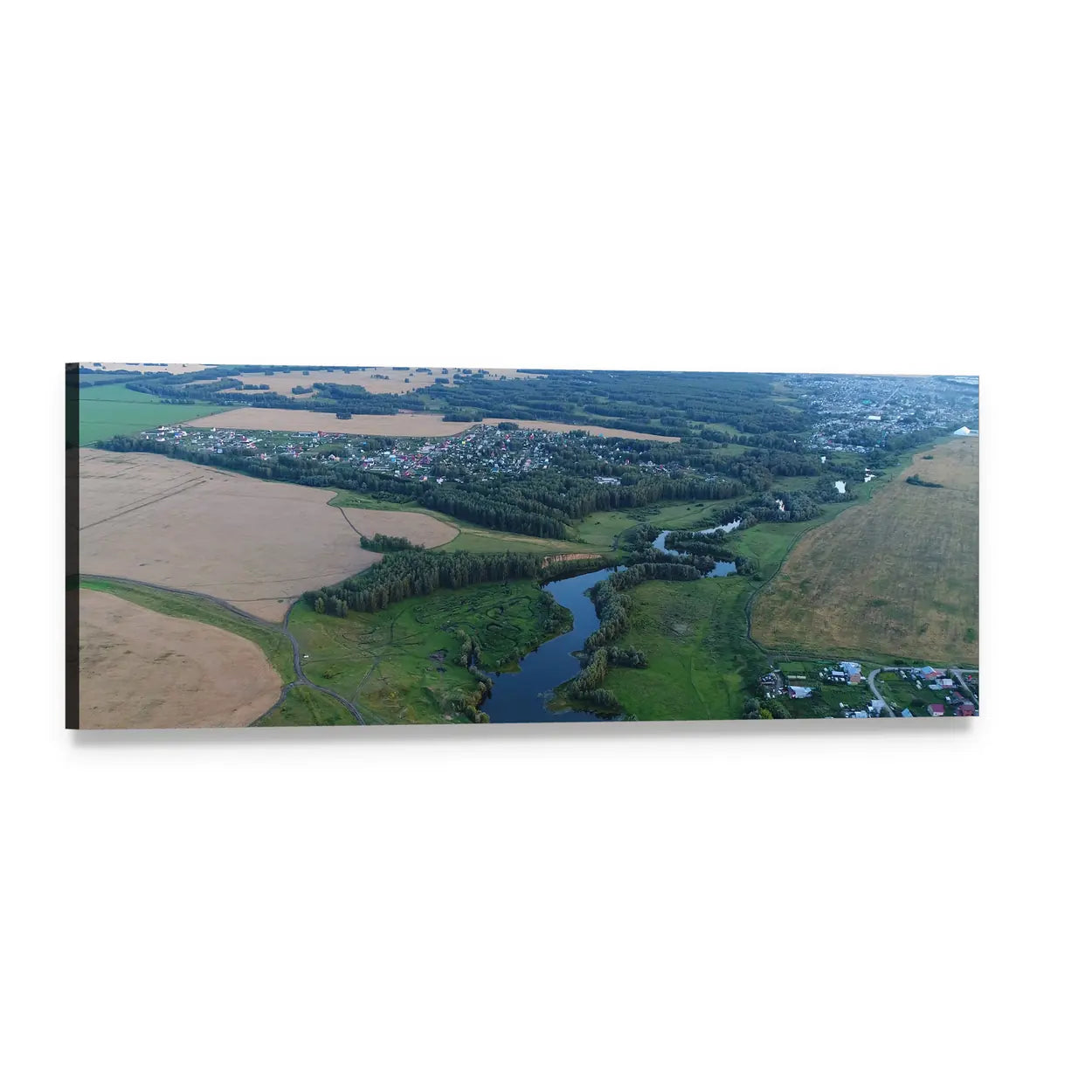 Aerial View of Winding River and Fields Panoramic Canvas Wall Art, single panel gallery wrapped canvas, angled product view
